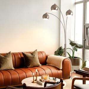 Triple 3 Light Arc Floor Lamp - Satin Nickel, Black Marble Base, Dimmer Switch