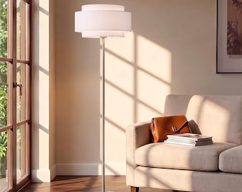 Slimline Coronado Floor Lamp 61" H -  Mid Century Modern, Satin Nickel, Linen Drum Shade, Dimmable