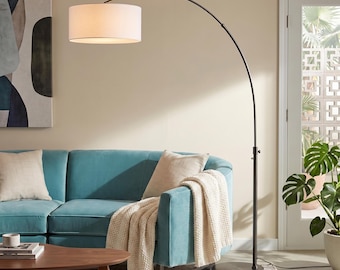 Mid Century Modern Float Float Lamp - White Linen Shade, Black Nickel Dimmable Living Room Lamp