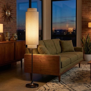Lollipop Floor Lamp - Black Nickel, Cashmere Gray Linen Double Shade, On/Off Pull Chain