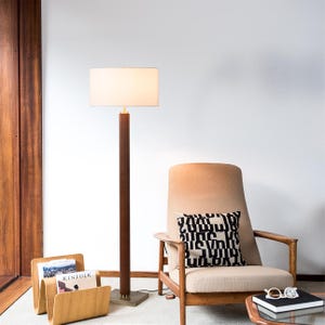 Tambo Floor Lamp | Dark Walnut Wood, Weathered Brass, White Linen Shade