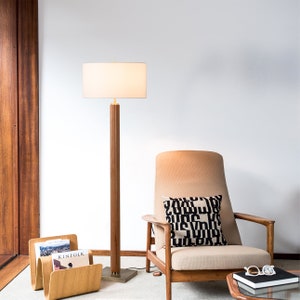 Tambo Floor Lamp - Natural Ash Wood Finish, Weathered Brass, White Linen Shade, Dimmer
