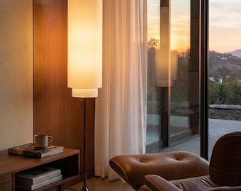 Handcrafted White Linen Floor Lamp Shade | Standing Lollipop Shape Lamp -  Black Nickel, On/Off Pull Chain