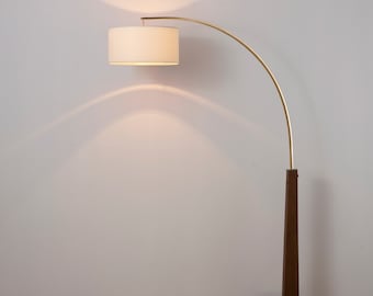Taper 1 Light Arc Floor Lamp - Walnut Wood Finish, Weathered Brass, White Cotton-Linen Shade, Dimmer