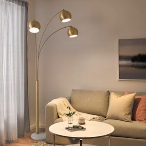 Triplet 3 Light Arc Floor Lamp - Weathered Brass, White Marble Base, Dimmer Switch