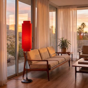May include: A mid-century modern living room with a red floor lamp, a wooden sofa, and a coffee table. The lamp has a cylindrical shade. The room has large windows with sheer curtains, offering a view of a desert landscape.