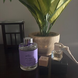 May include: A clear glass reed diffuser bottle with a purple label reading "nitt's Mint Mojito Reed Diffuser 120ML" and a purple ribbon, alongside a small square glass car diffuser bottle with a wooden cap and a hanging rope cord.