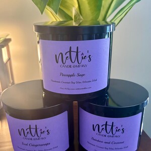 Puede incluir: Tres tarros de velas negras con etiquetas moradas, con el texto "Nettie's Candie Company". Las etiquetas dicen "Pineapple Sage", "Iced Gingersnaps" y "Bamboo and Coconut". Una planta verde está encima de un tarro.