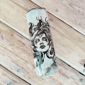 Medusa 20 oz Skinny Tumbler, Greek Mythology Mugs, Fantasy Mugs, Book Coffee Cups, Insulated Travel Mugs for Book Lovers