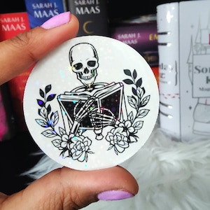 Bookish Skeleton Holographic Sticker: Romantasy Reader Gift