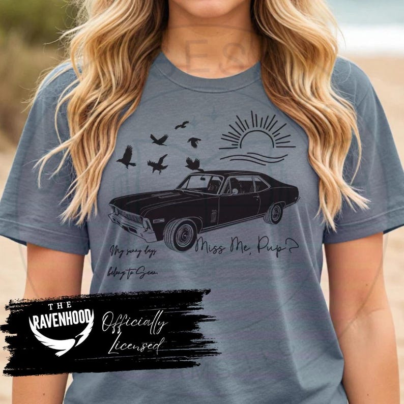 “Vintage car graphic T‑shirt with sun and birds, Ravenhood inspired design, ‘Miss Me, Pup?’  and 'my sunny days belong to sean' quote, bookish apparel gift for readers, blue unisex tee.”