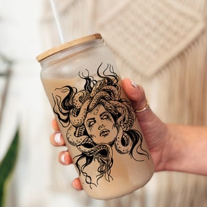 Medusa 16 oz Coffee Glass, Book Tumbler, Greek Mythology Glass Can, Fantasy Reader Glasses, Bookish Iced Coffee Cup, Medusa Headpiece Cup