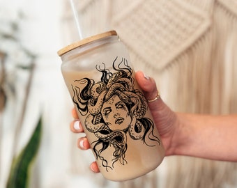 Medusa Coffee Glass: Greek Mythology Book Tumbler with Bamboo Lid