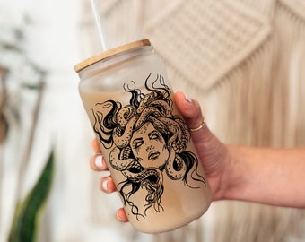 Medusa 16 oz Coffee Glass, Book Tumbler, Greek Mythology Glass Can, Fantasy Reader Glasses, Bookish Iced Coffee Cup, Medusa Headpiece Cup