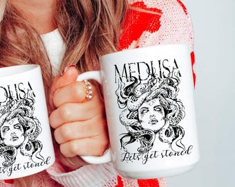 Medusa “Let’s Get Stoned” Ceramic Mug – Greek Mythology Coffee Cup, Funny Medusa Gift, Mythical Creature Mug, 15 oz Fantasy Reader Mug