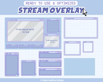 Stream Overlay Paket Twitch, Twitch Stream Paket, Blue Pastel Overlay, Blue Aesthetic Windows Pixel Overlay, Cute Kawaii Overlay
