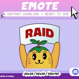 May include: A cartoon orange fruit with a green leaf on top holding a white sign that says "RAID". The fruit has a cute face with black eyes, a pink nose, and a small mouth. The image is in a pixelated style and is suitable for use as an emote.