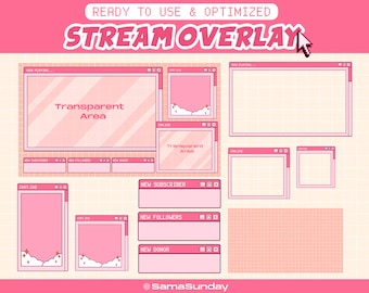 May include: A pink and white stream overlay design with a retro aesthetic. The design includes multiple windows with text labels like "NOW PLAYING" and "CHAT.EXE". The main window has a "Transparent Area" label. The design is optimized for streaming.