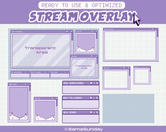 May include: A purple and white pixelated stream overlay with the text "STREAM OVERLAY" in a large font. The overlay includes sections for "NOW PLAYING", "CHAT", "NEW SUBSCRIBER", "NEW FOLLOWERS", and "NEW DONOR".