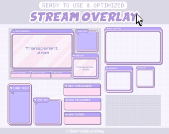 Package de superposition de flux pour Twitch, superposition esthétique mignonne, superposition Twitch kawaii, superpositions de couleur pastel violet, package de flux Twitch mignon