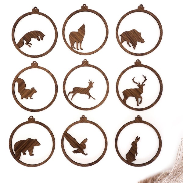 Pendentif de décoration de sapin de Noël en bois gravé au laser, animaux de la forêt, boules de Noël en bois, pendentif en bois de sapin de Noël, décoration de Noël