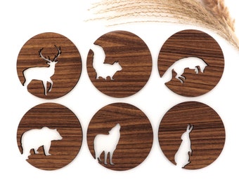 Coasters for glasses, cups, pots made of wood lasered in oak or walnut, forest animals, table decoration, glass coasters, autum home decor