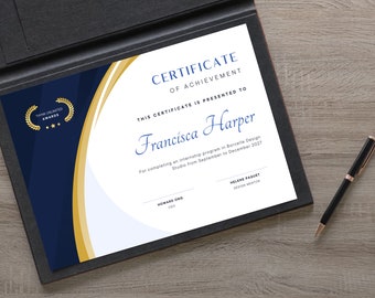 May include: A blue and gold certificate of achievement presented to Francisca Harper for completing an internship program in Borcelle Design Studio from September to December 2027. The certificate is signed by Howard Ong, CEO, and Helene Paquet, Design Mentor.