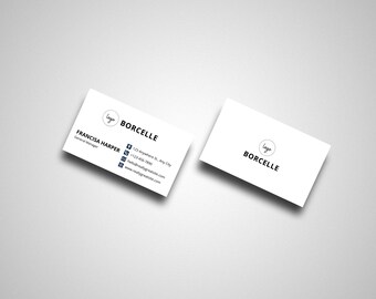 Könnte beinhalten: Eine weiße Visitenkarte mit dem Text "BORCELLE" und einem Logo in einem Kreis. Die Karte enthält auch die Kontaktinformationen von Francisa Harper, Geschäftsführerin.