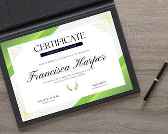 May include: A certificate with a green and white design, awarding Francisca Harper as Employee of the Month for November 2022.