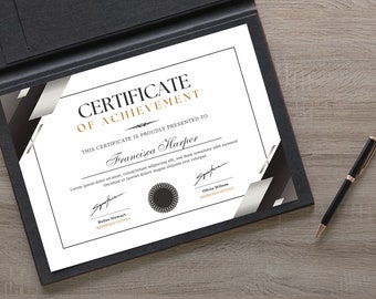 May include: A white certificate of achievement with black and silver accents. The certificate is presented to Francisca Harper. The text "CERTIFICATE OF ACHIEVEMENT" is printed in gold lettering. The certificate is signed by Rufus Stewart and Olivia Wilson.