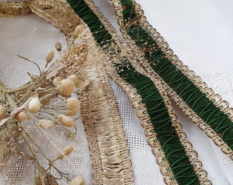 Rare magnifique galon ruban passementerie XIX fils métallisés papier floqué velours rayonne verte vendu au mètre