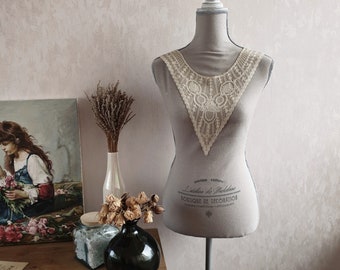 Antique embroidered tulle collar, lingerie element, Art Deco yoke, beige rayon cotton + pair of cuffs