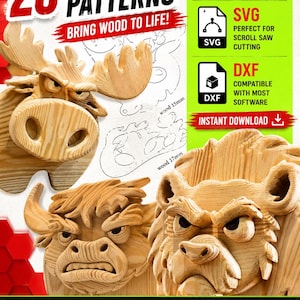 Peut inclure: Une collection numérique de 20 modèles de scie à chantourner présentant des sculptures de têtes d'animaux en bois, dont un élan, une vache highland et un ours. Le graphique inclut des étiquettes pour les formats PDF, SVG et DXF.