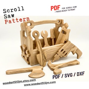 May include: A wooden toy toolbox with various tools, including a hammer, axe, and screwdriver. The toolbox and tools are made of light-colored wood. Text on the image reads "Scroll Saw Pattern" and "PDF for Scroll Saw - Pages Ready to Print."