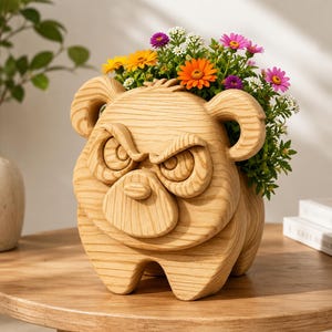 K&ouml;nnte beinhalten: Ein Holzblumentopf in Form eines w&uuml;tenden B&auml;rengesichts, gef&uuml;llt mit bunten Blumen. Der Pflanztopf ist aus hellem Holz gefertigt und steht auf einem runden Holztisch. Die Blumen umfassen orange, gelbe, lila und wei&szlig;e Bl&uuml;ten.