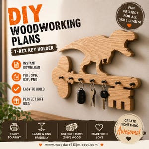 DIY T-Rex sleutelhouder houtbewerkingsplannen | PDF SvG DXF PnG | Klaar voor laser-cnC | Sleutelhanger aan de muur dinosaurus | Digitale download
