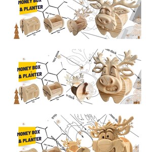 May include: A light-colored wooden reindeer-shaped money box and planter. The product features a cartoon-style reindeer head with large antlers and a hollow body for storage. Dimensions are labeled as 18cm by 18cm, or 7 inches by 7 inches.