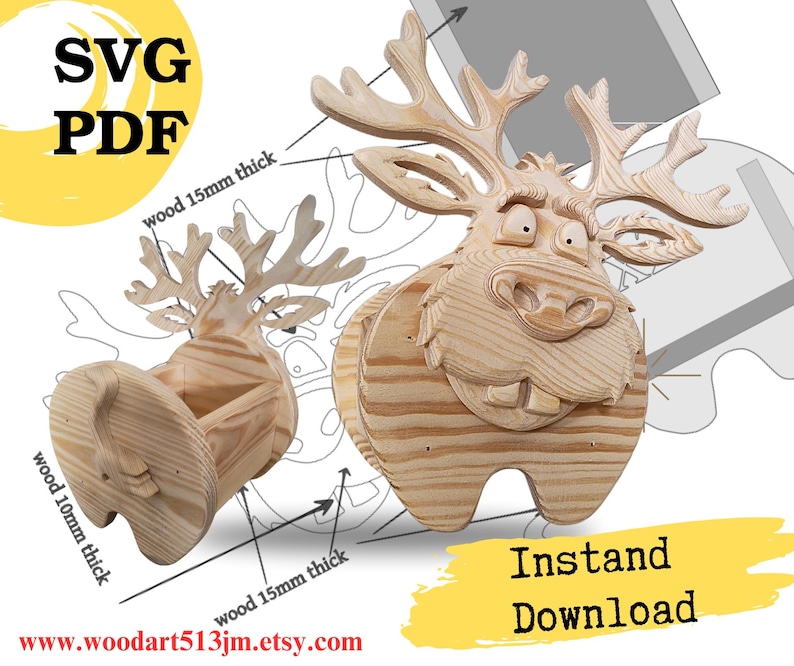 May include: A wooden moose head wall mount and a matching wooden moose container, both featuring a light natural wood grain. The image includes text labels indicating wood thicknesses of 10mm and 15mm, along with the text SVG, PDF, and Instand Download.