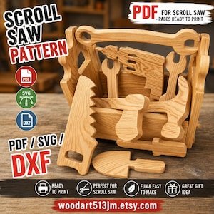 May include: A digital pattern set for a scroll saw, featuring a wooden toolbox filled with wooden toy tools including a saw, hammer, wrench, and drill. The image includes text labels for PDF, SVG, and DXF file formats, indicating the files are ready to print for woodworking projects.