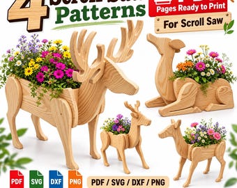 Wooden Deer Family Planter Scroll Saw Patterns | DIY Garden Decor (PDF & SVG)
