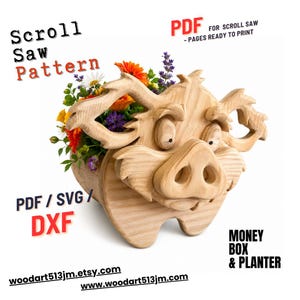 Puede incluir: Un patrón de sierra de calar de madera para una maceta y hucha con forma de cerdo. La maceta está llena de flores de colores. La imagen incluye el texto "Scroll Saw Pattern", "PDF", "PDF/SVG/DXF" y direcciones de sitios web.