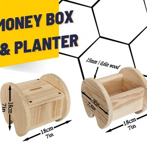 May include: Two wooden items: a money box and a planter. The money box is 7 inches tall and 7 inches wide, with a slot on top. The planter is 7.5 inches tall and 7 inches wide. Both are made of 0.6-inch thick wood.