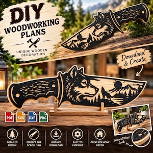 May include: A wooden knife-shaped wall decoration featuring a laser-cut wolf head and a howling wolf in a mountain landscape. The text reads DIY WOODWORKING PLANS, UNIQUE WOODEN DECORATION, and Download & Create. Includes PDF, SVG, DXF, and PNG icons.