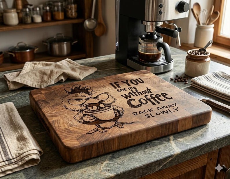 Rolig arg kycklingkaffe SvG-paket | CNC-lasergraveringsdesign | Skärbrädesmönster | PNG DXF PDF-filer | Köksinredning i lantlig stil bild 2