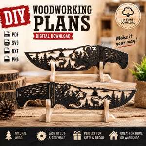 May include: Digital woodworking plans for a decorative knife cutout featuring a bear, elk, and forest landscape. The design includes PDF, SVG, DXF, and PNG file formats for instant download. The graphic displays the text DIY WOODWORKING PLANS.