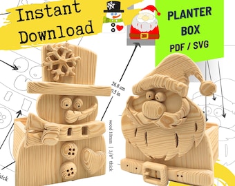 Modelli per traforo natalizio, decorazioni con Babbo Natale e pupazzo di neve (PDF, SVG)