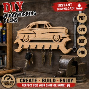 May include: A light-colored wooden wall-mounted key holder shaped like a vintage car resting on a large wrench. The piece features five black metal hooks for hanging keys. Text on the image includes DIY WOODWORKING PLANS, INSTANT DOWNLOAD, PDF, SVG, DXF, PNG, and SCROLL SAW FRIENDLY.