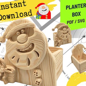 May include: A light-colored wooden planter box featuring a carved Santa Claus face on the front panel. The design includes a gift box held by Santa and two circular buttons. Text on the image reads Instant Download and PLANTER BOX PDF / SVG.
