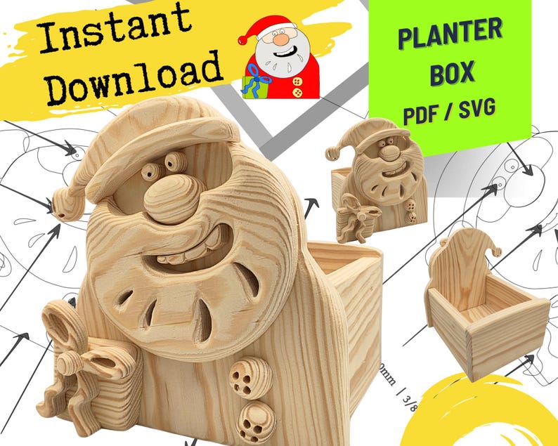 May include: A light-colored wooden planter box featuring a carved Santa Claus face on the front panel. The design includes a gift box held by Santa and two circular buttons. Text on the image reads Instant Download and PLANTER BOX PDF / SVG.