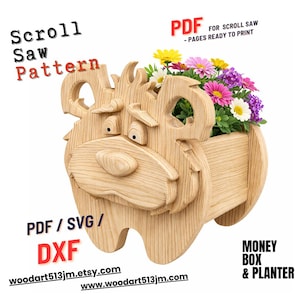 May include: A wooden scroll saw pattern for a bear-shaped planter and money box. The planter is filled with colorful flowers. The design includes the text "Scroll Saw Pattern", "PDF", "PDF / SVG / DXF", and website addresses.